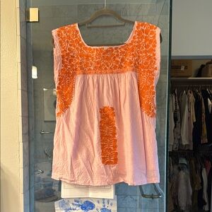 Pink Smocked Blouse with Orange Embroidery